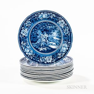 Set of Twelve Staffordshire Blue Transfer-decorated "Sheltered Peasant" Dinner Plates