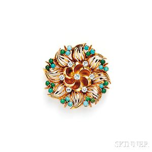 18kt Gold, Turquoise, and Diamond Flower Brooch