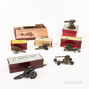 Seven Early Britains Miniature Artillery and Transport Toys