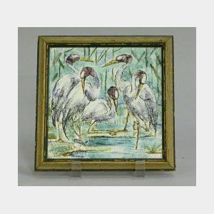 Framed Cranes in Wetlands Decorated Ceramic Tile