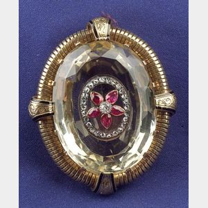 Antique 14kt Gold, Citrine, Ruby, and Diamond Brooch