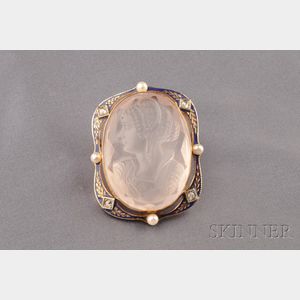 14kt Gold, Molded Glass, Enamel, Diamond, and Seed Pearl Cameo