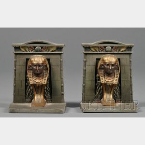 Pair of Bradley & Hubbard Cold Painted Cast Iron Egyptian Revival Bookends