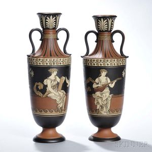 Pair of Etched Mettlach Stoneware Vases