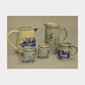 Three Cobalt Decorated Molded Stoneware Mugs and Two Cobalt Decorated Stoneware and Ceramic Pitchers