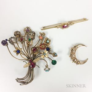 14kt Gold, Ruby, and Seed Pearl Bar Brooch, a 14kt Gold and Diamond Crescent Brooch, and a Costume Stickpin Bouquet Brooch