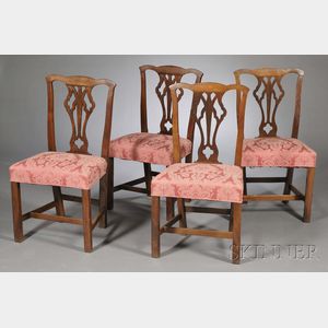 Set of Four Country Chippendale Elm and Oak Side Chairs
