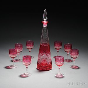 Cranberry-to-Clear Glass Decanter and Eight Cordials