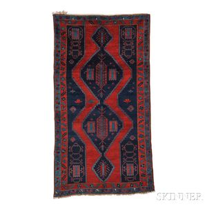 Kazak Rug, Southwest Caucasus, c. 1900, four contiguous stepped navy diamonds inset with highly stylized palmettes, sawtooth rectangles