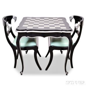 French-style Custom Lacquered Chess Table and Pair of Side Chairs. 