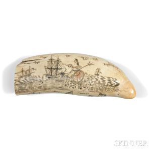 Scrimshaw Whale's Tooth Decorated with Ships and Britannia Figure