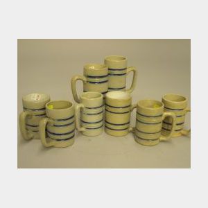 Group of Eight Cobalt Banded Stoneware Mugs.