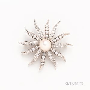 14kt White Gold, Diamond, and Cultured Pearl Sunburst Brooch