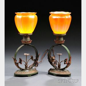 Pair of Floral Boudoir Lamps with Quezal Shades