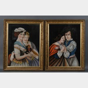 British School, 19th Century Pair of Victorian-style Pastels: Women Holding a Hen