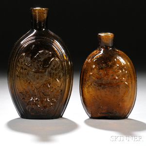 Two Olive-amber Blown-molded Historical Glass Flasks