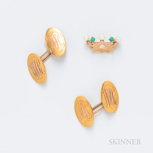 14kt Gold, Pearl, and Turquoise Crown Brooch and a Pair of 14kt Gold Monogrammed Cuff Links