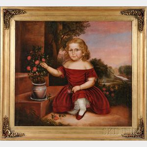 American School, 19th Century Portrait of a Little Girl in a Portico Beside an Urn of Roses, with Distant Landscape.