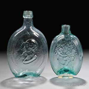 Two Aqua Blown-molded Historical Glass Flasks