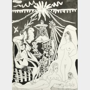 Pablo Picasso (Spanish, 1881-1973) Homme allongé, avec deux femmes, évoquant les rapports d'un vieux clown et d'une jeune fille