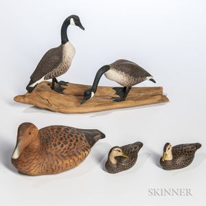 Mark Holland Carved and Painted Pair of Geese and Three Ducks