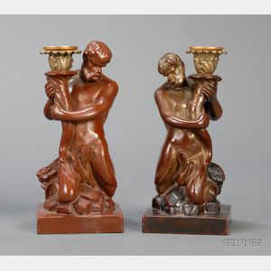 Assembled Pair of Wood and Caldwell Triton-form Candlesticks