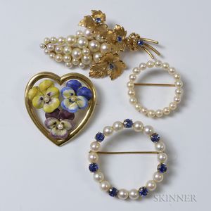 Four 14kt Gold and Pearl Brooches