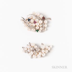 Two 14kt White Gold, Cultured Pearl, and Gem-set Cluster Brooches