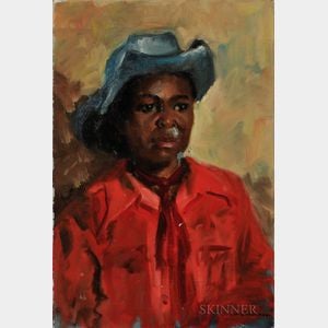 Eleanor Harrington (American, 1904-1992) Oil on Canvas Depicting an African American Cowboy with Red Shirt