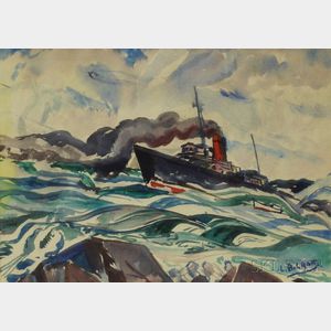 Leighton R. Cram (American, 1895-1981) Steamship on the Ocean.