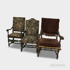 Three Baroque Carved and Upholstered Walnut Armchairs