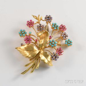 18kt Gold, Sapphire, Ruby, and Turquoise Floral Spray Brooch