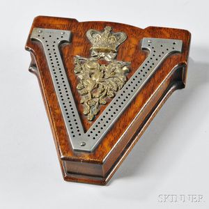 Carved Oak Brass-mounted Cribbage Board Box