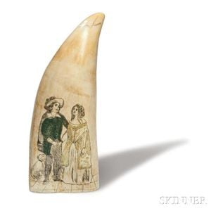 Scrimshaw Whale's Tooth Decorated with a Couple and a Dog