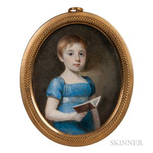 American School, Early 19th Century Miniature Portrait of a Girl Holding a Book