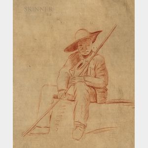 Northern European School, 19th Century Seated Figure in Brimmed Hat Holding a Fishing Pole or Walking Stick.
