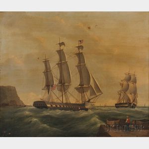 American School, 19th Century American Frigate with Guns Firing and Distant Vessels and Cliffs.