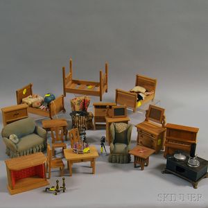 Large Group of Wood, Plastic, and Upholstered Dollhouse Furnishings
