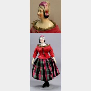 Pink Tinted China Shoulder Head Lady Doll with Molded Hat