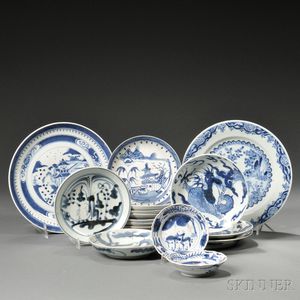 Sixteen Blue and White Tableware Items