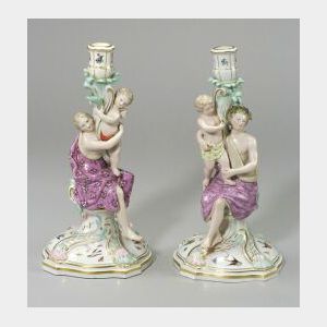 Pair Meissen Porcelain Figural Candlesticks