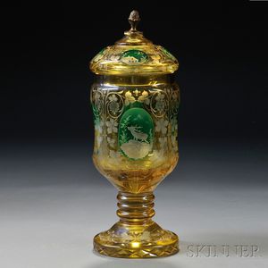 Bohemian Green-enameled and Etched Amber Flash Footed Jar with Cover