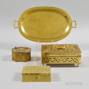 Three Brass Boxes and a Russian Tray. 