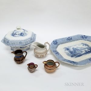 Six Pieces of English Lustre and Transfer-decorated Ceramic Tableware. 