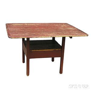 Country Red-painted Pine Square-top Hutch Table