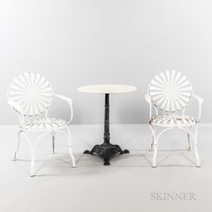 Two Francois Carre Sunburst Armchairs and Cafe Table