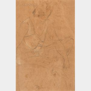 European School, 20th Century Sketch of a Seated Woman Adjusting Her Shoe.