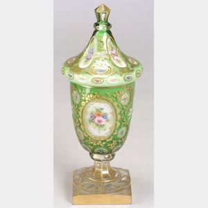 Bohemian White and Green Flashed, Enamel Decorated and Cut Glass Sweetmeat Jar
