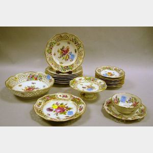 Eighteen-Piece Assembled Set of European Floral Decorated Reticulated Porcelain Tableware