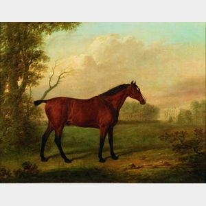 British School, 19th Century Portrait of a Bay Horse, an English Manor in the Distance